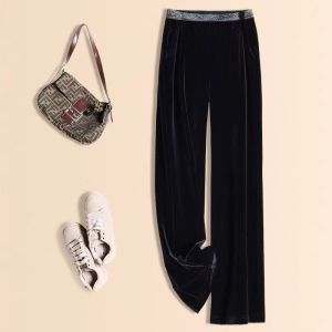 กางเกงขายาวทรงหลวมเอวสูงผ้ากำมะหยี่สีน้ำเงินสำหรับผู้หญิง กางเกงขายาวทรงตรงยาวถึงพื้น ทรงหลวม ทรงขากระบอกเล็ก กางเกงขายาวทรงหลวม