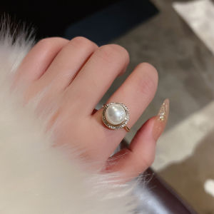 Fashionable Pearl Zircon Ring Open Design Diamond Embedded Index Finger Ring Elegant High-End Feeling Womens Jewelry