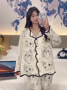 Đồ Ngủ Có Đệm Ngực Quần Dài Tay Dài Hoạt Hình Dễ Thương Mẫu Mới Mỏng Mùa Xuân Của Phụ Nữ Bộ Đồ Mặc Nhà Mùa Hè