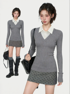 KBVVR | Gray Fake Layered Polo Neck Long Sleeve Thickened Slim Short Sweater