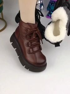 Womens Winter Thickened Wool Leather Snow Boots Fur Integrated Anti-slip Cotton Shoes Casual Short Tube Leather Cover