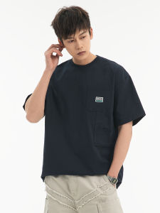 Heavyweight 300g Mens T-shirt with Multiple Pockets Loose Fit round Neck Short Sleeve Solid Color Summer Fashion American Retro