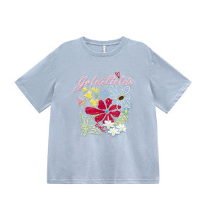 Summer New Sweet Small Shirt Design Embroidered Fungus Flower Print Short Sleeve T-Shirt Women Lightcolor Loosefitting Chinese