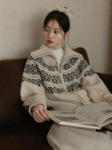 Cantonstory | Áo Cardigan Len Beige Vintage Fair Isle Ngắn cho Phụ Nữ Mùa Đông