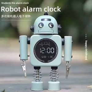 นาฬิกาปลุกโลหะสุดสร้างสรรค์สำหรับเด็กนักเรียนตกแต่งโต๊ะในห้องนอนดีไซน์แบบดิจิทัลเรืองแสงได้ทำจากโลหะหุ่นยนต์ไร้เสียง