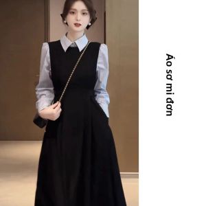 CAOZIMUYI | Bộ Đầm Maxi Dây Đen Phong Cách Pháp Elegance cho Mùa Xuân và Thu