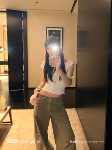 Sunoneone Short Sleeve T-Shirt Womens Spring Summer Fashion Shoulder Wood Grain Edge High Waist Line Slim Fit Cotton Blend Top