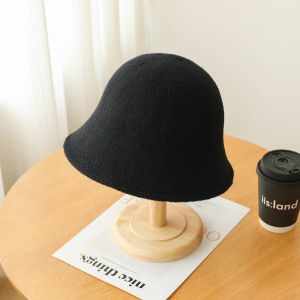 Autumn Woolen Fisherman Hat Womens Face Slimming Solid Color round Top Bowl Hat Versatile Black Lampshade Hat Casual Style