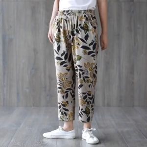 New Cotton Harem Pants for Women Retro Printed Loose Casual Pants Trousers