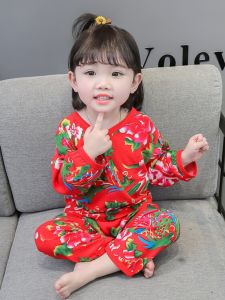 ชุดนอนเด็กผู้หญิงแขนยาวลายดอกไม้ขนาดใหญ่ ชุดอยู่บ้านฤดูใบไม้ผลิและฤดูใบไม้ร่วงสำหรับเด็กอายุ 1-6 ปี