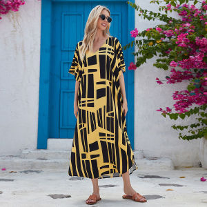 2025 Trộn màu Bikini che lên in hoài cổ v-cổ bãi biển Áo kafan quá khổ Boho Đầm maxi Bộ Đồ Tắm Đồ bơi