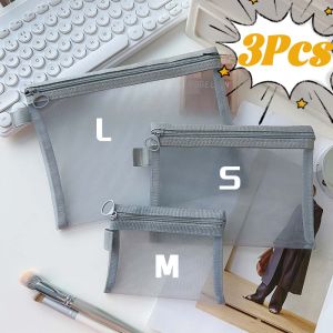 3ชิ้น Tas Kosmetik Bening ตาข่ายสีเทาแบบเรียบง่ายกระเป๋าเครื่องสำอางค์ใหญ่ขนาดเล็กพกพาได้เดินทางตัวจัดระเบียบกระเป๋าเครื่องแป้งกล่องเก็บลิปสติกกล่องดินสอ
