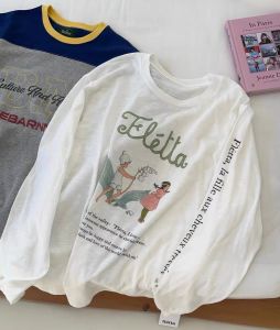 Fletta Comfortable round Neck Retro Cartoon Print Casual Loose Womens T-shirt Autumn Winter Inner Wear Versatile Commute Style Long Sleeve Cotton