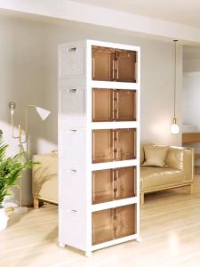 3/4/5 Tier Foldable Storage Cabinet With Wheels Multi-Function Stackable Storage Box With 2 Magnetic Doors 收納櫃