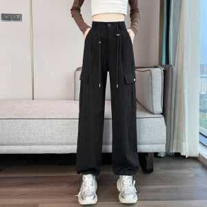 LANGPIN | กางเกงทำงานสไตล์อเมริกันสำหรับผู้หญิง ทรงหลวม ทรงสปอร์ต 2-in-1 ทรงเอวสูง กางเกงขายาวทรงขากว้าง ทรงลำลอง สไตล์สตรีท