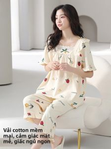 MiiOW | Bộ đồ ngủ cotton nguyên chất mùa hè cho nữ Áo chui đầu tay ngắn Quần dài đến đầu gối Quần áo mặc nhà phong cách Pháp có thể mặc ngoài trời