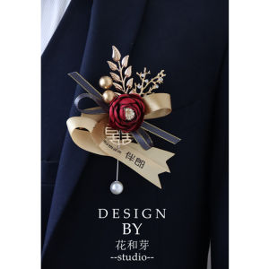 New Original Exquisite Red Flowers Golden Leaf Wedding Groom Bride Best Man Western Corsage Opening Ceremony