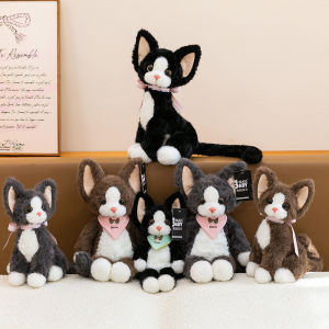 VMQ Devon Rex Cat Plushie Fluffy Bow Tie Kitten Plush Doll Realistic Cartoon Pet Animal Toy Gift MV