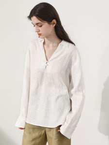 Miccbeirn | เสื้อเชิ้ตแขนยาวผ้าลินินแท้ปักลาย V-neck ทรงหลวม สไตล์ทำงาน เสื้อผ้าทำงานสำหรับผู้หญิง ฤดูร้อน 2025