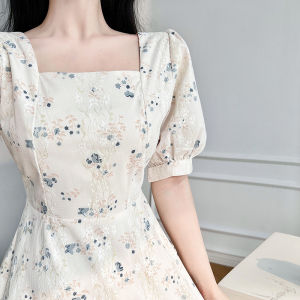 French Floral Print Dress Summer New Arrival Short Sleeve Square Collar Gown Net Splicing Gentle Elegant High Waist A-Line Skirt