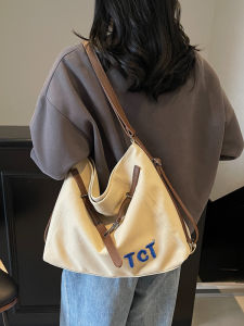 Large Capacity Tote Canvas Bag Commuter Korean Style Double Shoulder Canvas Bag Thick Artistic Feeling Leisure Zipper Closure