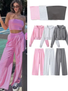 Bộ Quần Màu Hồng/xám Trơn Dành Cho Nữ Với Áo Ống Và Áo Khoác Có Mũ Trùm Đầu Quần Lông Cừu Dáng Rộng Thường Ngày Quần Dài Có Dây Thun Ở Eo Dài Tay