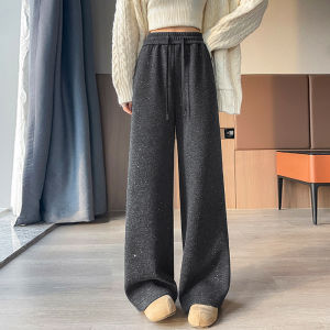 La Chapelle | Autumn Winter Warm Velvet Womens Wide Leg Wool Trousers Gray Starry Glitter
