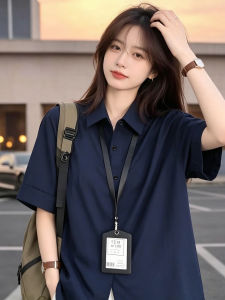 XIAOMENG | Dark Blue Rolled Hem Short Sleeve Chiffon Shirt