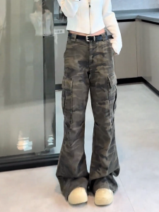 MANMI | Quần Camouflage Phong Cách Đường Phố Vintage Rộng Cao Waisted Dễ Dàng