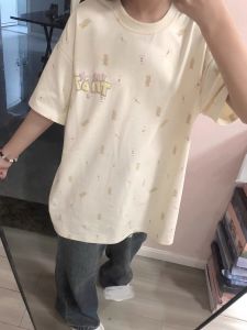 Áo Thun Tay Ngắn in Hình Gấu Dễ Thương Cho Nữ Mùa Hè 2024 Dáng Rộng Thoải Mái in Toàn Bộ Họa Tiết Hoạt Hình Cổ Tròn