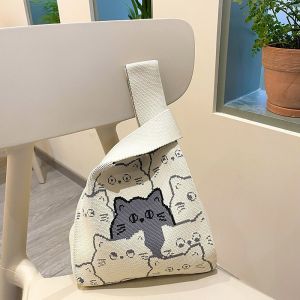 Panda Pattern Knitted Canvas Handbag Shopping Bag Storage Pouch Reusable Tote Bag Soft Foldable Shoulder Bag for Women