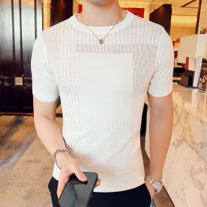 Băng Mùa Hè Lụa Áo Thun Nam Tay Ngắn Dệt Kim Rỗng Ra Ngoài Thoáng Khí Áo Sơ Mi Lớp Nền Cỡ Lớn Mỏng Thời Trang Áo Thun Nửa Tay Áo