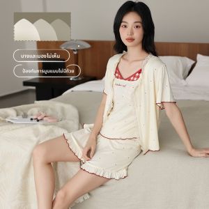 MiiOW | ชุดนอนผู้หญิง MiiOW ฤดูร้อน 2025 ชุดสามชิ้นแขนสั้นบาง ชุดนอนแบบสวมหัว ทรงหลวม คอตตอนผสมโพลีเอสเตอร์