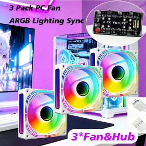3Pcs 120mm ARGB Computer Case Fan with Hub Controller5V RGB Sync PWM Temperature‑Controlled Silent Cooling Fan for Desktop PC