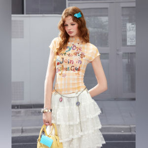Unifree | Yellow High Collar Plaid Short Sleeve T-Shirt