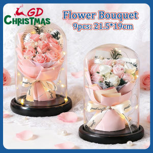 9PCS Soap Flower Rose With Glass Cover Fragrance Eternal Roses Bouquet Gift For Valentines Day Gif