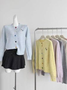 Autumn Winter Candy Colored Dot Knitted Open Cardigan Womens Soft And Versatile Top Base Shirt Embroidered Sweater Jacket