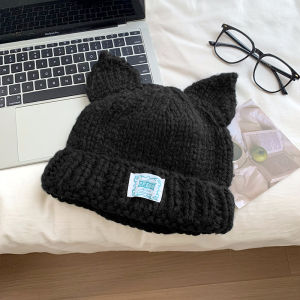 Cute Cat Ears Knitted Hat Female Autumn and Winter Soft Glutinous Thickened Heattech Earflaps Head-Wrapping Woolen Cap Big Head Circumference
