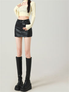 Black High Waist A-Line Mini Skirt Womens PU Leather Skirt Short Biker Skirt Slimming Effect Autumn Fashion with Sweater