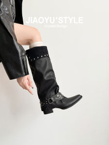 JIAOYU | Genuine Leather Buckle Detailing Black Chunky Heel Knee-High Boot