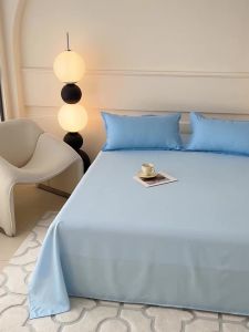1 PC Sky Blue Bed Sheet Single / Queen / King Flat Sheet for Adults Skin-Friendly Solid Color Washed Bed Sheets Постельное Белье