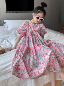 BOLA Floral Print Puffy Sleeve Dress High Waist round Neck Long A-Line Skirt Childrens Clothing Cotton Summer Travel Dress