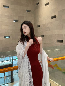 Elegant Long Qipao Dress Spring Summer Hanging Neck Style Wedding Engagement Red New Chinese Modified Qipao Womens Fashion