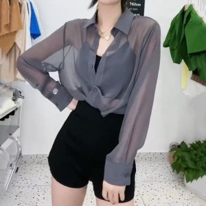 เสื้อคลุมกันแดดผ้าไหมน้ำแข็งบางสำหรับผู้หญิงในช่วงฤดูร้อน ชุดเดรสยาวคลุมไหล่แบบบาง คอกลม แขนยาว สไตล์เกาหลี