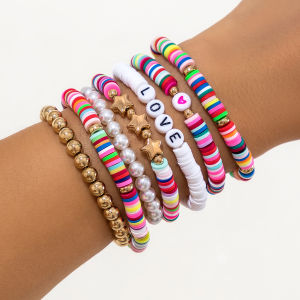 7-Piece CCB Polymer Clay Imitation Pearl Bracelet Suit Fashion Sweet Personality Fashion Trending Elegant Travel Claps Ornament