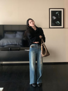 กางเกงยีนส์ทรงตรงหลวมๆ สำหรับผู้หญิง กางเกงขายาวทรงขากว้างสไตล์ย้อนยุคแบบอเมริกัน กางเกงยีนส์ทรงตรงสำหรับผู้หญิงในฤดูหนาว