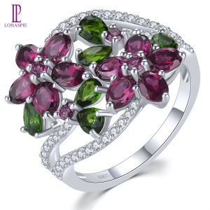 Lohaspie Jewelry Real 3.2 Carats Solid Sterling Silver 925 Ring Original Natural Rhodolite Garnet Chrome Diopside Ring 925 Silver Ring Women Original Garnet Ring For Women Jewelry