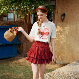 XIANGYING | Cherry Print White T-shirt Women Short Sleeve Round Neck Loose Casual 2026 Summer-Autumn New Arrival