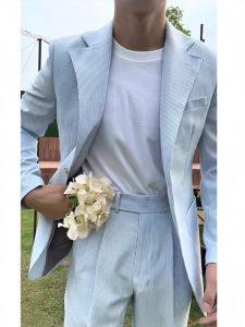 Seersucker Men Silm Easiest for Match Suit 2024 Autumn New Arrival Business Professional Single West Outwear Casual Suit Men