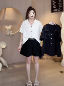 Chubby plus Size French Style Contrast Color Lapels Short Sleeve Chiffon Blouses for Women Summer Plus Size Ladies Fashion Slimming Slim Fit Chic Small Shirt